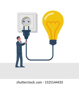 Connect idea. Businessman holding lightbulb, cord electrical plug connected to power outlet. Plug in to wall socket. Business solution. Vector illustration flat design. Isolated on background.