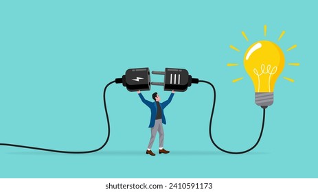 connect idea, businessman connect plug with light bulb idea to power socket concept vector illustration with flat style design