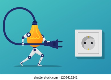 Connect idea. Lightbulb robot holding cord electrical plug connected to power outlet. Plug in to wall socket. Vector illustration flat design. Isolated on background.