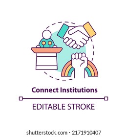 Connect institutions concept icon. Social organizations. State support abstract idea thin line illustration. Isolated outline drawing. Editable stroke. Arial, Myriad Pro-Bold fonts used