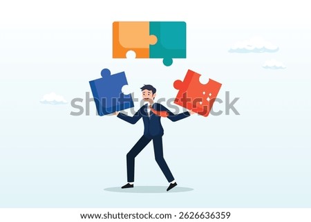 Connect jigsaw piece to resolve work or business trouble, complete jigsaw puzzle, solve puzzle problem, think of solution, finish or accomplishment, creativity idea or challenge