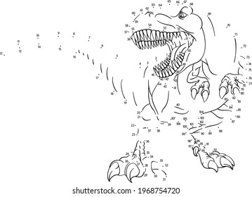 A connect or join dots to dot kids puzzle work sheet drawing of a T Rex Tyrannosaurus dinosaur