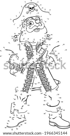 A connect or join dots to dot kids puzzle work sheet cartoon drawing of a happy pirate character