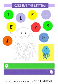 Connect the letters - Jellyfish. Printable worksheet for preschool and kindergarten kids. Alphabet learning letters and coloring. Handwriting practice. Vector illustration.