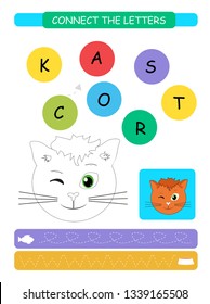 Connect the letters. Printable worksheet for preschool and kindergarten kids. Alphabet learning letters and coloring. Vector illustration.