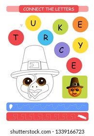 Connect the letters. Printable worksheet for preschool and kindergarten kids. Alphabet learning letters and coloring. Vector illustration.