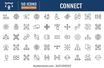Connect line editable icon set. Containing network, join, collaboration, connectivity, interaction, cable, integration, connection and more. Vector Illustration