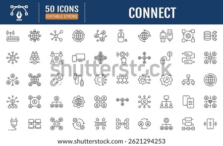 Connect line editable icon set. Containing network, join, collaboration, connectivity, interaction, cable, integration, connection and more. Vector Illustration