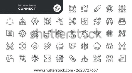 Connect line icon set. Connection, network, link, join, cable, integration, connectivity, connecting, interaction and more. Outline icon in linear style. Vector collection.	

