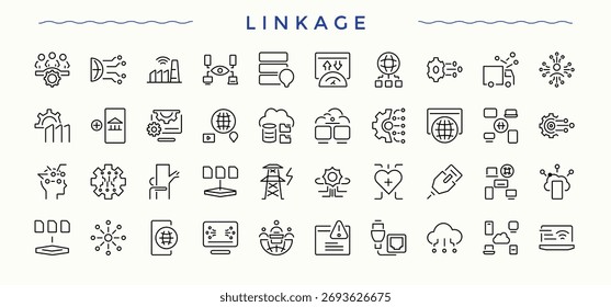Symbolsatz für Verbindungszeile. Einfache Linienvektorsymbole. Symbol für Verbindung festgelegt. Enthält Daten, Verbindungen, Netze, Netzwerke, globale und mehr.