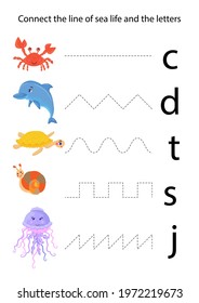 Connect the line of sea life and the letters. Children's vector template for educational books, spelling, coloring on a marine theme. Manual for the development of fine motor skills in a child.