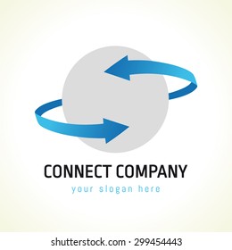 Connect logo. Company's branding identity idea for Internet technologies, connections, communications and global business. Two arrows connected around earth by air. Computer's soft icon.