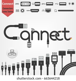 connect logo concept made of cables. Full pack of connectors and sockets for your network