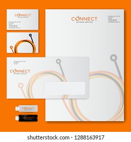 Connect logo and corporate style. Optical fiber loops from multicolor lines. Identity.  Mockups of envelope, letterhead, business card.