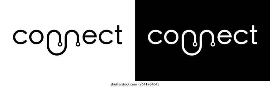 Connect Logo design. Modern wordmark connect with technology elements logo design. In black and white version vector illustration.