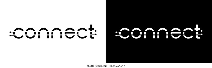 Connect Logo design. Modern wordmark connect with technology elements logo design. In black and white version vector illustration.