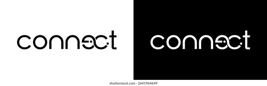 Connect Logo design. Modern wordmark connect with technology elements logo design. In black and white version vector illustration.
