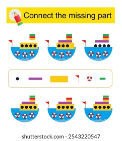 Connect the missing part. Attention task for kids. Cartoon ship. 