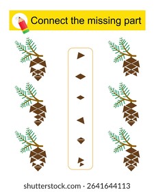 Connect the missing part. Attention task for kids. Cartoon pine cones. 