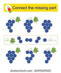 Connect the missing part. Attention task for kids. Cartoon grapes. Vector illustration.