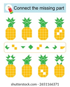 Connect the missing part. Attention task for kids. Cartoon pineapples. Vector illustration.