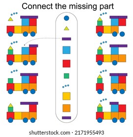 Connect the missing part. Educational game for children. Kids activity sheet. Vector illustration.  