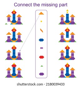 Schließen Sie das fehlende Teil an. Erziehungsspiel für Kinder. Kinderaktivitätsblatt. Vektorgrafik.  