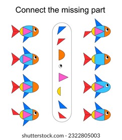 Connect the missing part. Task for the development of attention and logic. Kids activity sheet. Vector illustration of the fish.  