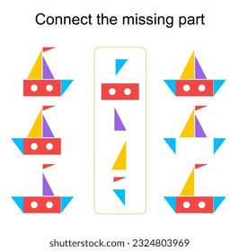 Connect the missing part. Task for the development of attention and logic. Kids activity sheet. Vector illustration of the cartoon boat.