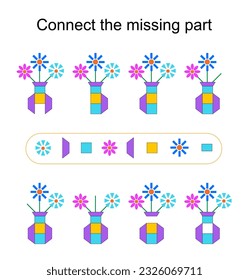 Connect the missing part. Task for the development of attention and logic. Kids activity sheet. Vector illustration of the cartoon flower pot.