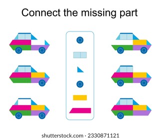 Connect the missing part. Task for the development of attention and logic. Kids activity sheet. Vector illustration of the cartoon car.
