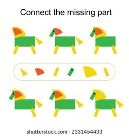 Connect the missing part. Task for the development of attention and logic. Kids activity sheet. Vector illustration of the cartoon horse.