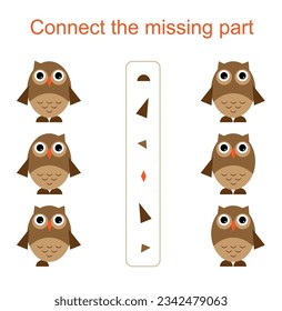 Connect the missing part. Task for the development of attention and logic. Kids activity sheet. Vector illustration of cartoon owl.   