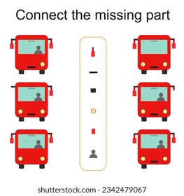 Connect the missing part. Task for the development of attention and logic. Kids activity sheet. Vector illustration of cartoon autobus. 