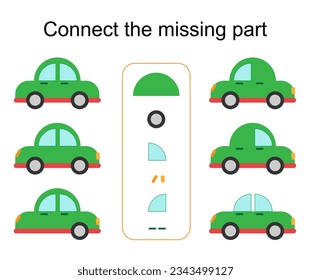 Connect the missing part. Task for the development of attention and logic. Kids activity sheet. Vector illustration of cartoon car.