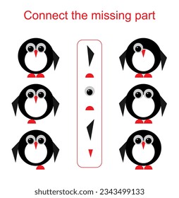 Connect the missing part. Task for the development of attention and logic. Kids activity sheet. Vector illustration of cartoon penguin.