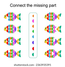 Connect the missing part. Task for the development of attention and logic. Cartoon fish. Vector.