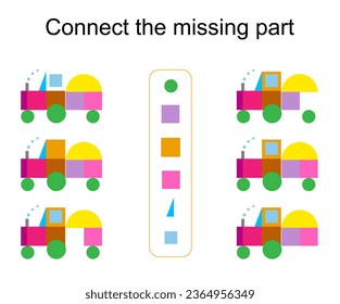 Connect the missing part. Task for the development of attention and logic. Cartoon truck. Vector.