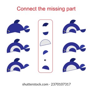 Connect the missing part. Task for the development of attention and logic. Cartoon fish. Vector illustration.