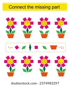 Connect the missing part. Task for the development of attention and logic. Cartoon flower. 