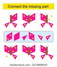 Connect the missing part. Task for the development of attention and logic. Cartoon butterfly.