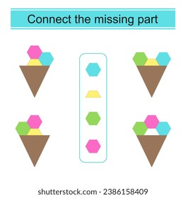 Connect the missing part. Task for the development of attention and logic. Cartoon ice cream. 