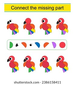 Connect the missing part. Task for the development of attention and logic. Cartoon parrot. 