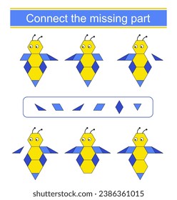 Connect the missing part. Task for the development of attention and logic. Cartoon bee. 
