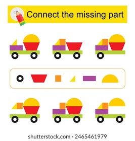 Connect the missing part. Task for the development of attention and logic. Cartoon truck. 
