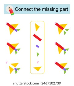 Connect the missing part. Task for the development of attention and logic. Cartoon rocket. Vector illustration.