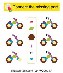 Connect the missing part. Task for the development of attention and logic. Cartoon bicycle. Vector illustration.