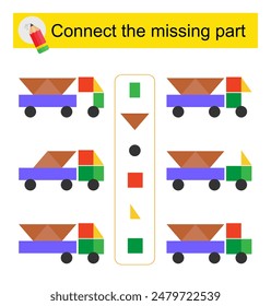 Connect the missing part. Task for the development of attention and logic. Cartoon truck. Vector illustration.