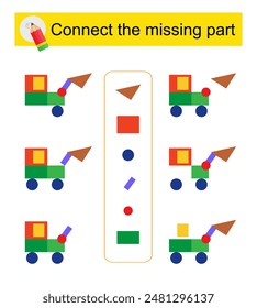 Connect the missing part. Task for the development of attention and logic. Cartoon excavator. Vector illustration.