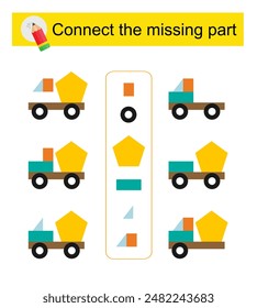 Connect the missing part. Task for the development of attention and logic. Cartoon car. Vector illustration.